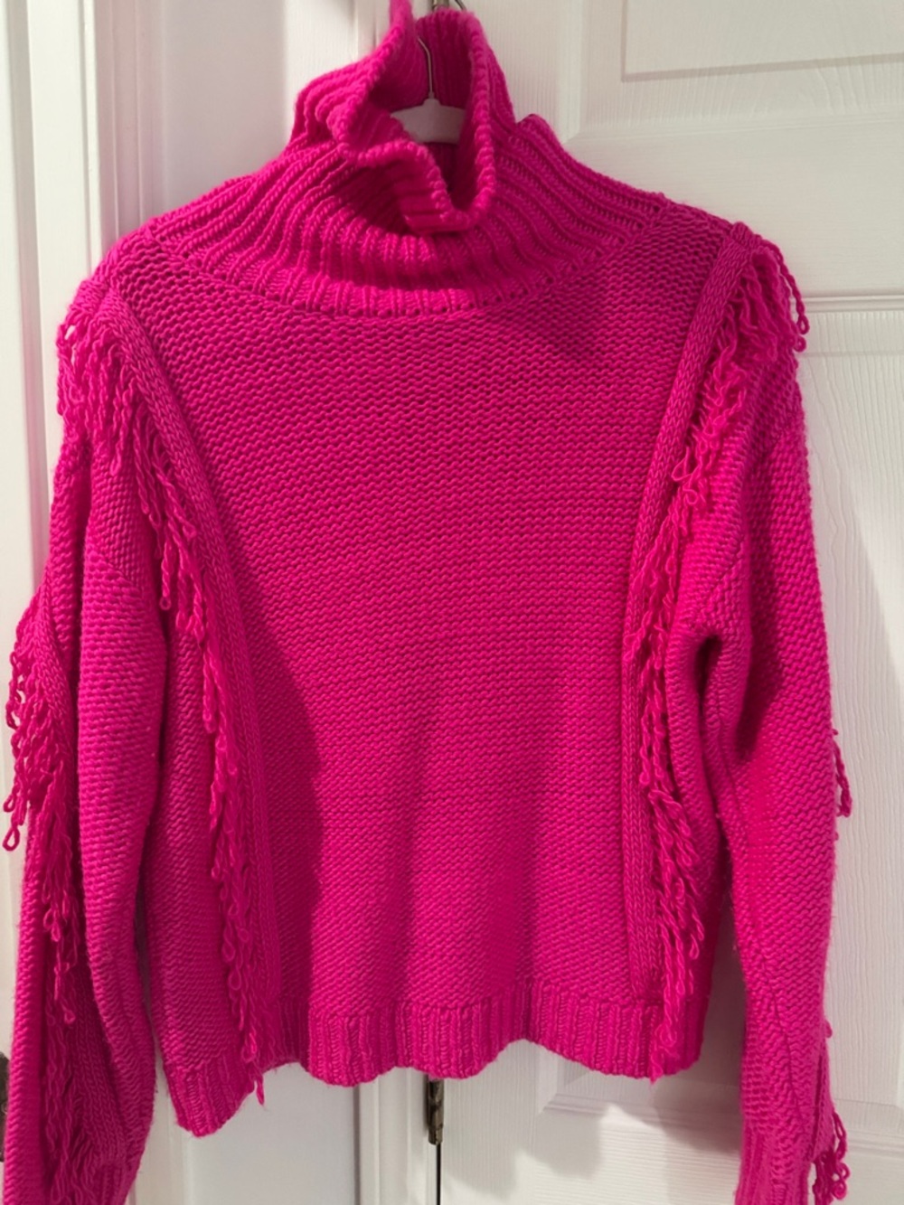 Lou & Grey Hot Pink Fringe Turtleneck Sweater
